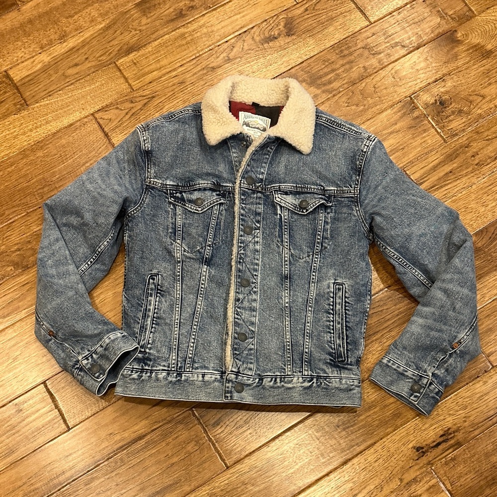 American Eagle Outfitters Denim Jacket with Sherpa & Red and Black Plaid Lining